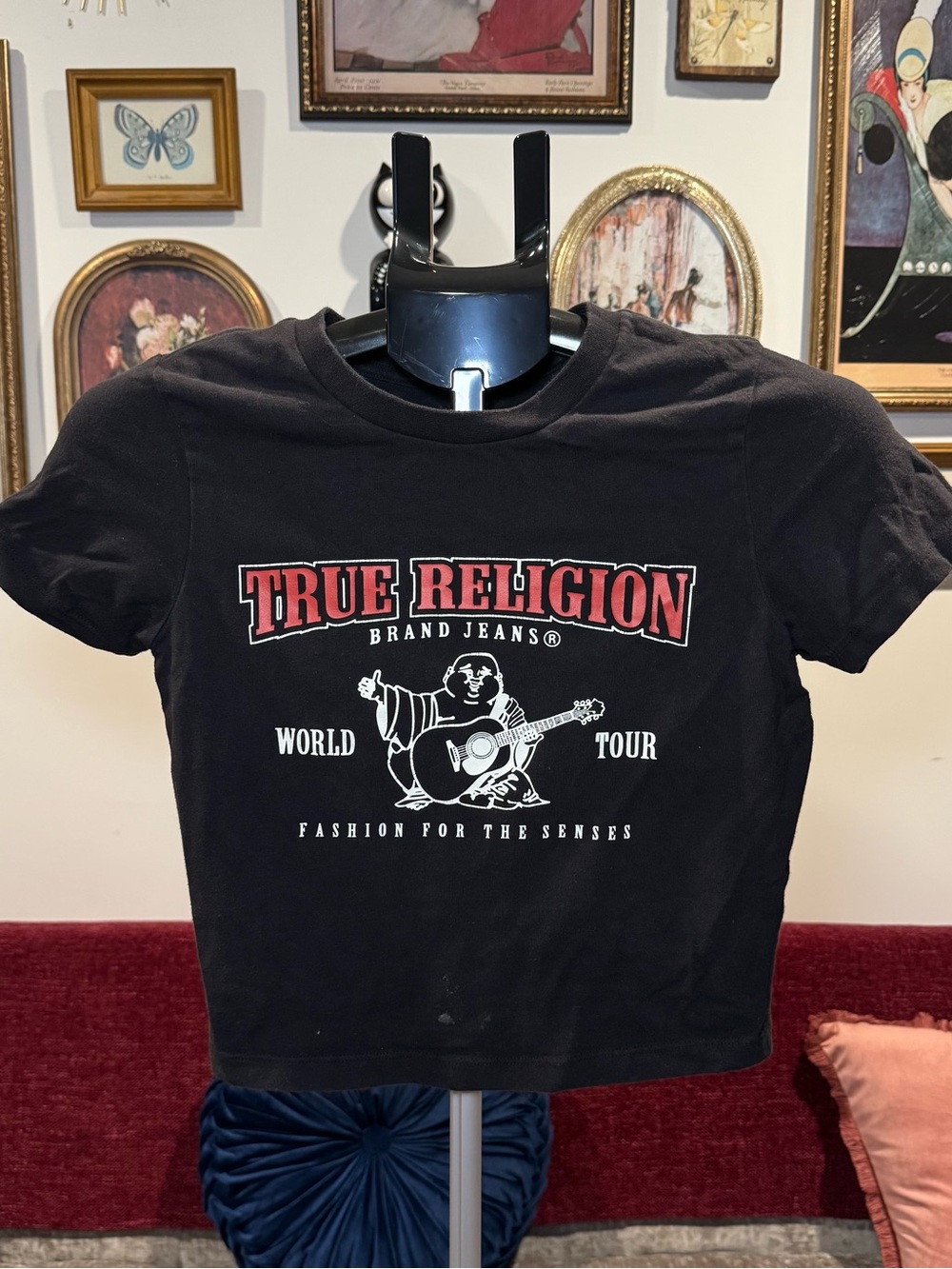 Y2K True Religion Black Baby Tee with Red Arch Logo and White Graphic